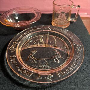 Vintage Pink Indiana Glass Nursery Rhyme Child's 3pc Dish Set